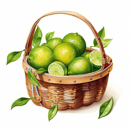 the tahiti lime, a vibrant and juicy citrus fruit, sits beautifully in a charming picnic basket, surrounded by lush greenery, against a crisp white background, evoking feelings of a refreshing summer day, perfect for outdoor gatherings and alfresco dining. ai generatedの素材