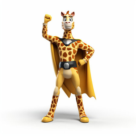 a majestic 3d giraffe superhero stands proudly isolated on a crisp white background, showcasing its vibrant full-body costume, complete with a flowing cape and bold, colorful attire, ready to save the day in a fantastical world of imagination and adventure. ai generatedの素材