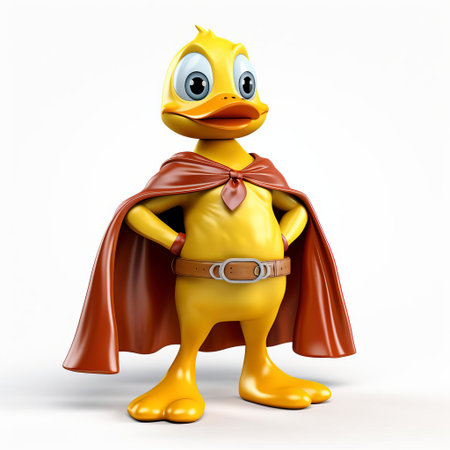 this 3d duck superhero, standing proudly in a powerful pose, is isolated on a crisp white background, showcasing its vibrant colors and intricate details, perfect for graphic designs, cartoons, and animations, highlighting its bold and fearless personality as a full-body character. ai generatedの素材