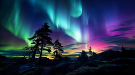 the aurora borealis, also known as the northern lights, illuminates the dark uplands sky with vibrant curtains of green and purple hues, captured in this breathtaking, award-winning photograph, showcasing the natural wonder of the polar regions in stunning detail and clarity. ai generatedの素材