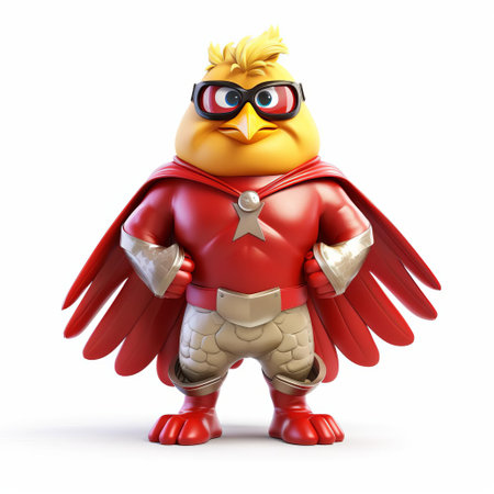 the mighty 3d chicken superhero stands proudly isolated on a crisp white background, showcasing its full body in a dynamic pose, ready to save the day with its vibrant plumage and bold, colorful costume, exuding confidence and strength in this high-quality digital illustration. ai generatedの素材