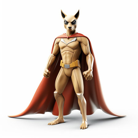 a kangaroo superhero stands proudly on a crisp white background, showcasing its vibrant full-body costume and dynamic 3d design, ready to leap into action and save the day with its impressive jumping abilities and courageous spirit. ai generatedの素材