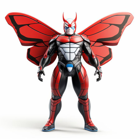 the majestic 3d butterfly superhero, with its vibrant wings and bold costume, stands proudly isolated on a crisp white background, showcasing its full body in a stunning display of digital artistry, perfect for fantasy and science fiction enthusiasts. ai generatedの素材