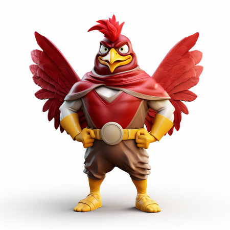 the 3d chicken superhero, dressed in a vibrant costume, stands proudly on a crisp white background, showcasing its full body in a dynamic pose, ready to save the day with its superpowers, perfect for cartoon, comic, or animation projects featuring humorous and quirky characters. ai generatedの素材