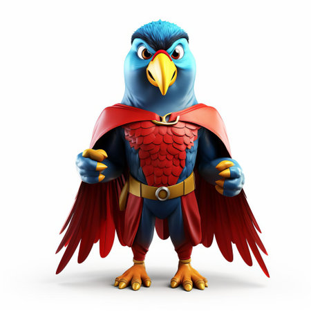 the vibrant 3d parrot superhero stands proudly on a crisp white background, showcasing its full body in a dynamic pose, with intricate feathers and bold colors, evoking a sense of power and courage, perfect for graphic designs, digital art, and fantasy illustrations. ai generatedの素材