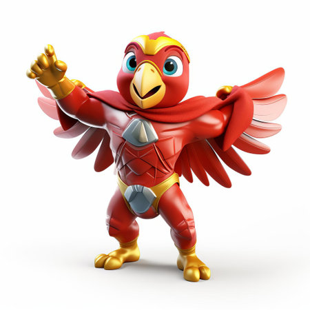 the vibrant 3d parrot superhero stands proudly on a crisp white background, showcasing its full body in a dynamic pose, with intricate details and bold colors, evoking a sense of power and adventure, perfect for graphic designs, digital art, and fantasy illustrations. ai generatedの素材