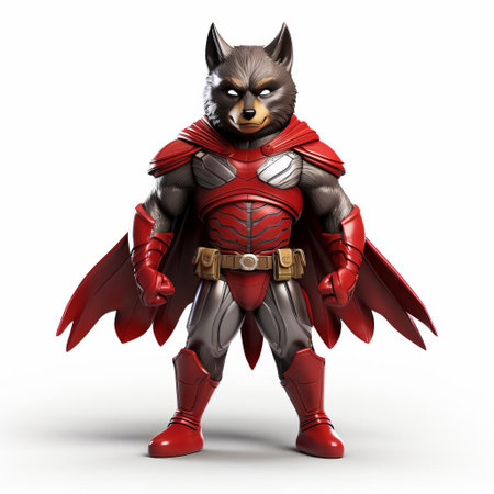 the wolf, dressed in a vibrant superhero costume, stands proudly on a crisp white background, its 3d rendering showcasing intricate details and textures, evoking a sense of power and strength, perfect for fantasy and adventure designs, illustrations, and digital art projects. ai generatedの素材