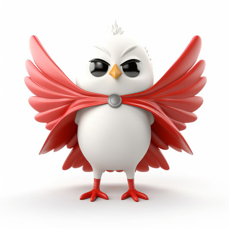 the majestic 3d bird superhero, with its vibrant plumage and powerful wings, stands proudly isolated on a crisp white background, showcasing its full body in a dynamic pose, ready to take flight and save the day in a world of fantasy and adventure. ai generatedの素材