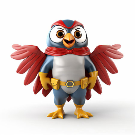 the majestic 3d bird superhero, standing tall with its vibrant plumage and dynamic pose, is isolated on a pristine white background, showcasing its full body in stunning detail, perfect for graphic designs, illustrations, and digital art projects requiring a bold and fearless avian hero. ai generatedの素材