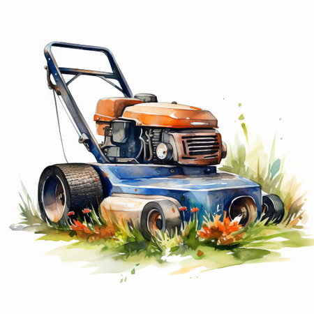 lawn mower, depicted in a whimsical watercolor style, sits proudly against a crisp white background, evoking feelings of a sunny summer day spent tending to a lush green lawn, perfect for garden enthusiasts and diy landscaping projects, adding a touch of rustic charm to any design. ai generatedの素材