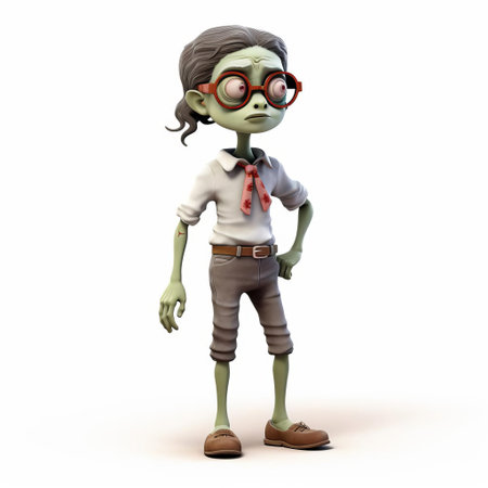 a cartoon zombie, dressed in a bright blouse, stands out against a pristine white background in this 3d rendered illustration, showcasing its full body in vivid detail, sans shadows, perfect for horror or halloween-themed designs and digital art projects. ai generatedの素材