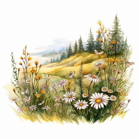 meadow painting doodle beautifully captures the essence of a serene natural setting, perfect for wedding decorations, invitations, or romantic gifts, available in high-definition quality, isolated on a white background, as a png or vector clipart for easy editing and customization. ai generatedの素材
