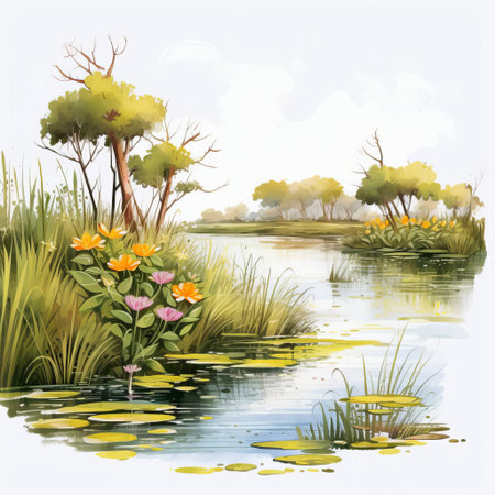 "wetland painting doodle, a serene and whimsical illustration, perfect for wedding invitations or decorations, is beautifully isolated on a white background, available as a high-definition png clipart or vector file, ideal for digital art and design projects.", ai generatedの素材