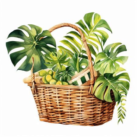 the monstera deliciosa, a lush and vibrant tropical plant, spills out of a charming picnic basket in this beautiful watercolor illustration, showcasing its juicy, heart-shaped leaves against a crisp white background, perfect for adding a touch of whimsy to your botanical clipart collection. ai generatedの素材