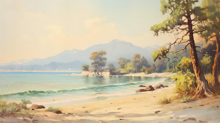 "a serene beach scene unfolds in this vintage oil painting, where majestic nature trees stand tall against a warm, sun-kissed backdrop, their leafy branches swaying gently in the ocean breeze, evoking feelings of tranquility and relaxation in this idyllic coastal setting.", ai generatedの素材