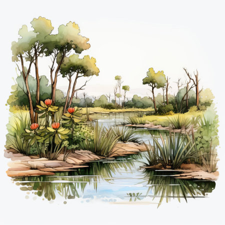 "wetland painting doodle, a serene and tranquil illustration, perfect for wedding invitations or decorations, available in high-definition, isolated on a white background, as a png or vector clipart, ideal for digital designs and artistic projects, evoking feelings of nature and elegance.", ai generatedの素材