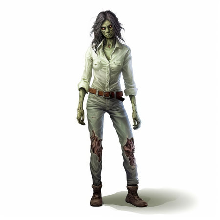 a cartoon zombie, dressed in a bright blouse, stands out against a pristine white background in this 3d render, showcasing its full body in vivid detail, with a focus on its undead features and eerie presence, sans shadows, perfect for horror or halloween-themed designs. ai generatedの素材