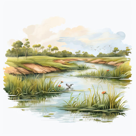 wetland painting doodle, a serene and tranquil artwork, perfect for wedding decorations, features lush greenery and vibrant flowers isolated on a white background, available as a high-definition png clipart and vector illustration for instant download. ai generatedの素材
