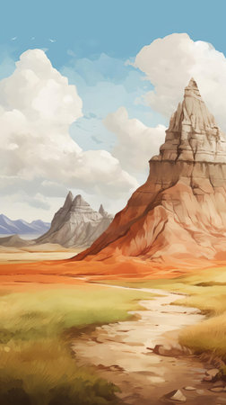 badlands majestically unfold in this hyper-realistic watercolor style image, showcasing the rugged beauty of north america's unique geological formations, with rolling hills, deep gorges, and towering rock formations, evoking a sense of adventure and exploration in the american wilderness. ai generatedの素材