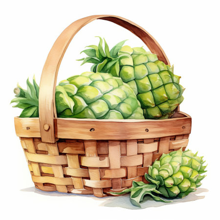 sugar apple, a sweet and juicy tropical fruit, sits invitingly in a wicker picnic basket, beautifully illustrated in watercolor style, against a crisp white background, evoking feelings of summer fun and outdoor adventure, perfect for clipart and design projects. ai generatedの素材