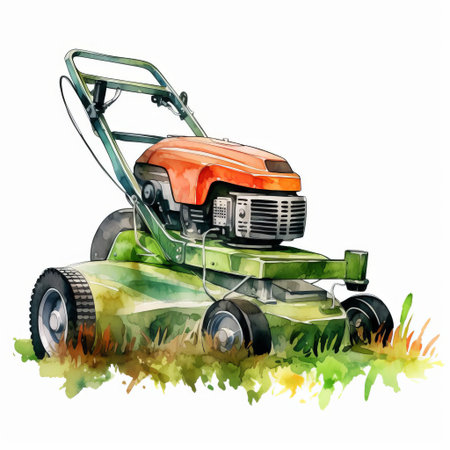 lawn mower, illustrated in a whimsical watercolor style, sits proudly on a crisp white background, surrounded by subtle texture and gentle color gradations, evoking a sense of summer nostalgia and backyard serenity, perfect for garden and outdoor enthusiasts. ai generatedの素材