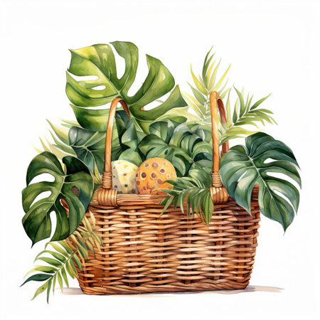 the monstera deliciosa, a lush and vibrant tropical plant, spills out of a charming picnic basket in this whimsical watercolor illustration, showcasing its juicy green leaves against a crisp white background, perfect for adding a touch of nature-inspired charm to any design or clipart project. ai generatedの素材