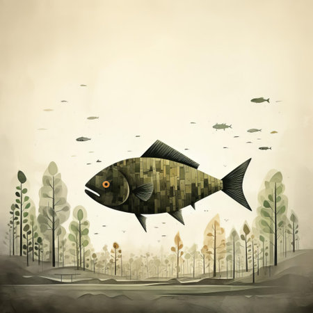 a vibrant fish, crafted by renowned artist jon klassen, majestically swims amidst the lush foliage of a dense jungle, its full body glistening with iridescent scales, blending seamlessly into the exotic surroundings, evoking a sense of wonder and tranquility in this stunning underwater scene. ai generatedの素材