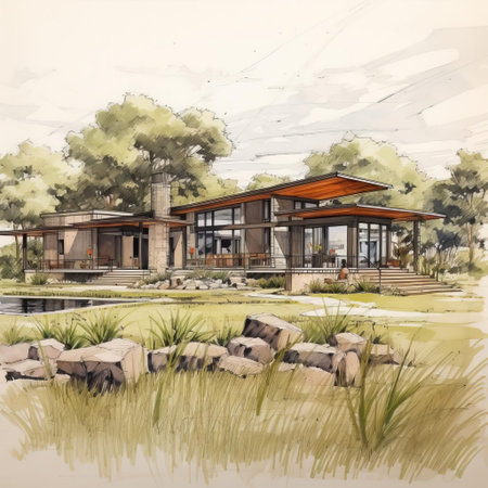the luxury home sketch showcases a serene abode nestled in the heart of the savanna, featuring sleek lines, modern architecture, and expansive windows that seamlessly blend into the surrounding natural landscape, evoking a sense of tranquility and sophistication in this african wilderness setting. ai generatedの素材