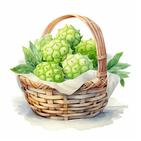 sugar apple, a sweet and juicy tropical fruit, sits invitingly in a charming picnic basket, beautifully illustrated in watercolor style, against a crisp white background, perfect for adding a touch of summer freshness to your designs, evoking feelings of outdoor adventure and warm weather delights. ai generatedの素材