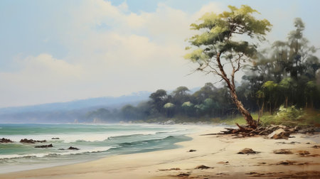 "beach scenery unfolds in this vintage oil painting, where majestic nature trees stand tall against a serene backdrop of gentle waves and soft, white sand, evoking a sense of tranquility and connection with the natural world, perfect for coastal decor and art enthusiasts.", ai generatedの素材