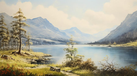 the fjord, majestically depicted in this vintage oil painting, is surrounded by lush nature, with towering trees stretching towards the sky, their reflections mirrored in the calm, serene waters, evoking a sense of tranquility and connection to the natural world. ai generatedの素材