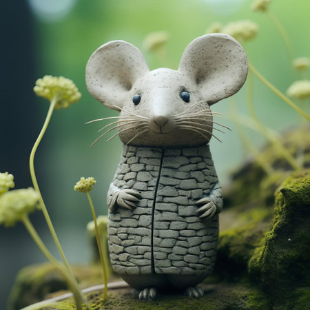 this whimsical mouse figurine, reminiscent of evgeni gordiets' and clemens ascher's inventive character designs, stands proudly amidst a jungle backdrop, its spiky mounds and concrete-inspired texture evoking a sense of playful curiosity, as seen in this intimate close-up shot of its full body. ai generatedの素材