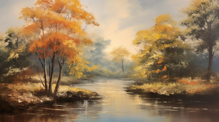 the serene river winds its way through the lush landscape, surrounded by towering trees with gnarled branches, their leaves a vibrant green, in this stunning vintage oil painting, evoking a sense of tranquility and harmony with nature, perfect for those who love rustic scenery and outdoor escapes. ai generatedの素材