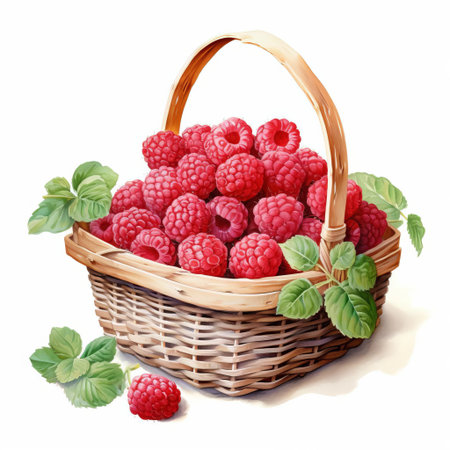 raspberries overflowing from a charming picnic basket, beautifully illustrated in watercolor style, showcase their plump, juicy texture against a crisp white background, perfect for adding a touch of summer sweetness to your designs, invitations, or social media posts. ai generatedの素材