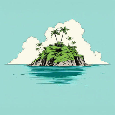 island serenity is captured in this stunning minimalist line art piece, featuring a delicate outline of a tropical paradise, surrounded by vibrant colors that evoke feelings of relaxation and tranquility, perfect for adding a touch of coastal charm to any room's decor. ai generatedの素材