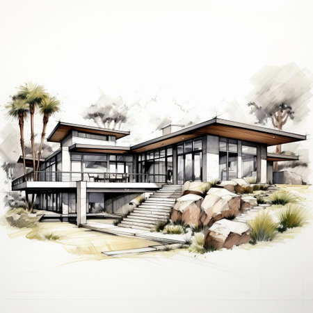 savanna luxury home sketch showcases a serene abode amidst the vast, open grasslands, featuring sleek lines, modern architecture, and large windows that seamlessly blend into the natural surroundings, evoking feelings of tranquility and sophistication in this african-inspired retreat. ai generatedの素材