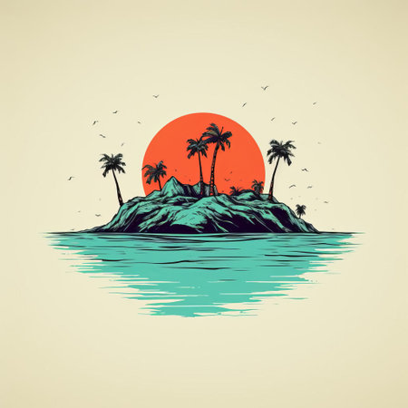 the island, surrounded by serene turquoise waters, is beautifully depicted in this stunning minimalist line art illustration, featuring a vibrant color palette that evokes feelings of tranquility and relaxation, perfect for tropical getaways and summer vibes. ai generatedの素材