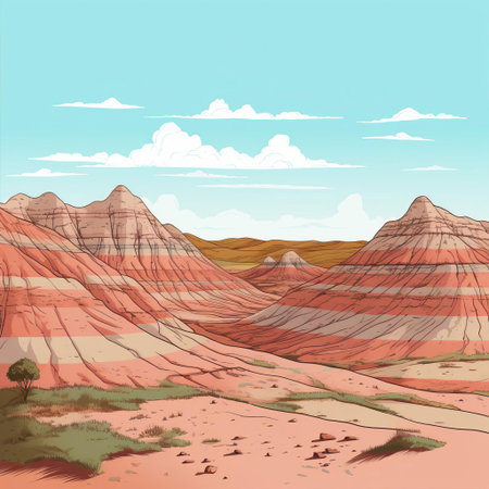 badlands landscape unfolds in a mesmerizing display of minimalist line art, where vibrant colors dance across the canvas, evoking a sense of rugged beauty and serene simplicity, as the intricate details of this natural wonder are distilled into elegant, modern simplicity. ai generatedの素材