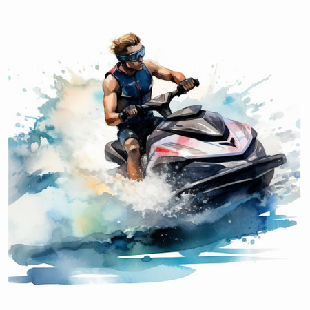jet ski, a vibrant watercraft, zooms across the serene water, leaving a trail of splashing waves and ripples, set against a crisp white background, perfect for summer vacation and beach-themed designs, evoking feelings of freedom and adventure on the open sea. ai generatedの素材