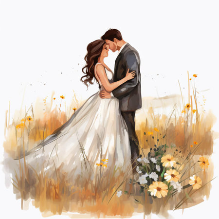 meadow scenery unfolds in this whimsical painting doodle, perfect for wedding invitations, featuring a serene landscape with lush green grass and vibrant wildflowers, isolated on a white background, available as a high-definition png clipart vector for instant download. ai generatedの素材