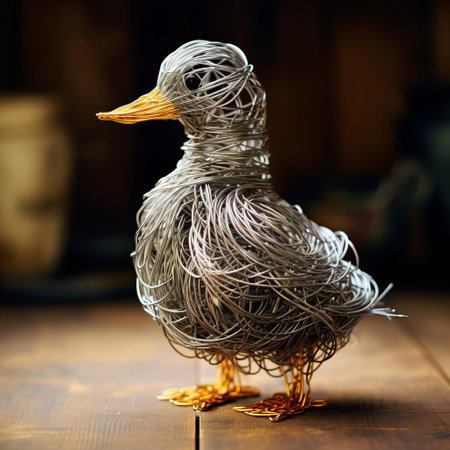 the duck, crafted from intricately shaped wire, stands proudly on its slender legs, its delicate feathers and soft plumage expertly replicated in metal form, showcasing the artist's remarkable skill in wire sculpture and attention to detail, perfect for nature-inspired home decor or outdoor garden ornaments. ai generatedの素材