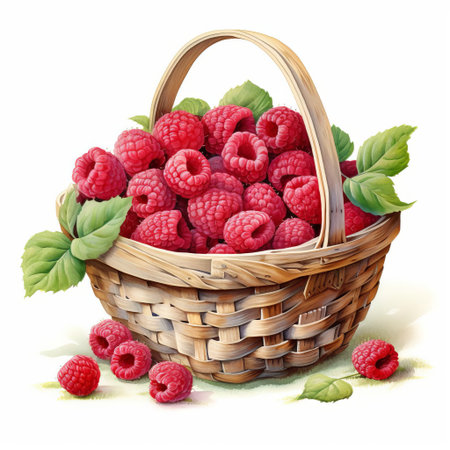 raspberries overflowing from a charming picnic basket, beautifully illustrated in watercolor style, showcase their plump, juicy texture against a crisp white background, perfect for adding a touch of summer sweetness to your designs, invitations, or social media posts. ai generatedの素材