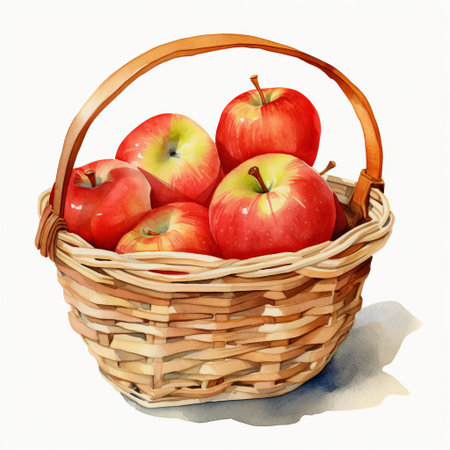 a honeycrisp apple sits invitingly in a charming picnic basket, its juicy flesh and vibrant red skin beautifully rendered in watercolor style, set against a crisp white background, evoking feelings of summer fun and outdoor adventure, perfect for clipart and design projects. ai generatedの素材