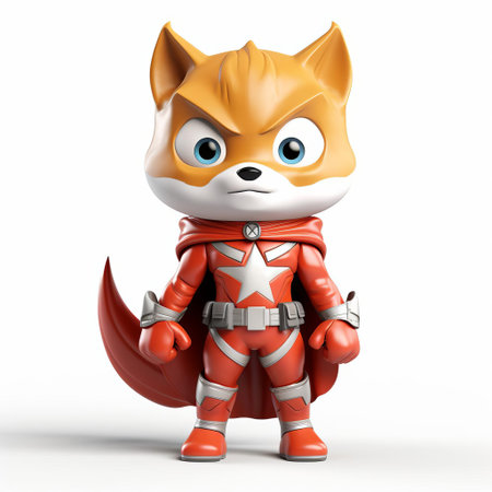 the 3d fox superhero, dressed in a vibrant costume, stands confidently on a pristine white background, its full body pose exuding power and agility, perfect for comic book illustrations, fantasy art, and digital design projects requiring a heroic and mythical creature. ai generatedの素材