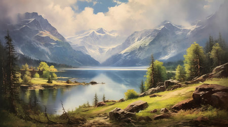 the majestic fjord, surrounded by lush green trees and serene natural beauty, is beautifully captured in this stunning vintage oil painting, evoking a sense of tranquility and wonder, transporting viewers to a peaceful scandinavian landscape. ai generatedの素材