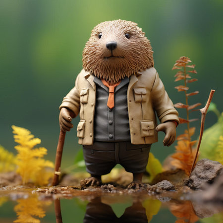 this intricately designed beaver figurine, reminiscent of evgeni gordiets' and clemens ascher's inventive character designs, stands proudly amidst a jungle backdrop, showcasing its concrete, spiky mounds-inspired texture in a stunning close-up, full-body pose, capturing the essence of whimsical, imaginative art. ai generatedの素材