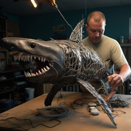 this intricately crafted wire shark sculpture showcases the majestic predator's full body, with meticulous attention to detail, from the sharp teeth to the powerful tail, capturing the essence of the ocean's apex predator in a unique and mesmerizing piece of wire art, perfect for marine life enthusiasts. ai generatedの素材
