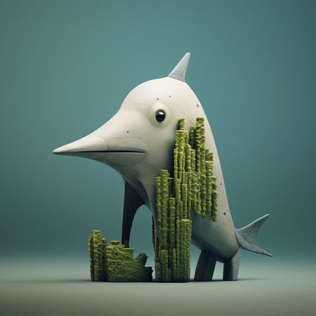 this vibrant dolphin figurine, reminiscent of evgeni gordiets' and clemens ascher's inventive character designs, stands proudly amidst a jungle backdrop, showcasing its unique concrete structure with spiky mounds, capturing the essence of didier lourenco's artistic style in a stunning full-body close-up. ai generatedの素材