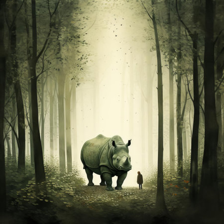 rhinoceros stands majestically in the heart of a lush jungle, its gray skin blending seamlessly with the surroundings, in this vibrant artwork by jon klassen, showcasing the full body of the powerful creature in its natural habitat, surrounded by exotic foliage and ancient trees. ai generatedの素材