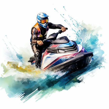 jet ski, speeding across the serene ocean waters, is beautifully illustrated in a stunning watercolor design, set against a crisp white background, evoking feelings of freedom and adventure, perfect for summer vacation and water sports enthusiasts, adding a touch of elegance to any graphic design project. ai generatedの素材